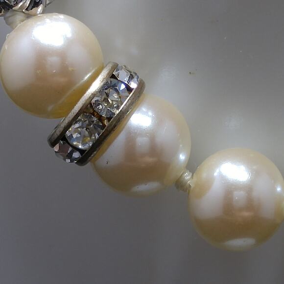 Vintage Faux Pearl Rhinestone Bracelet, Hand-knotted Glass Pearls - Picture 5 of 10